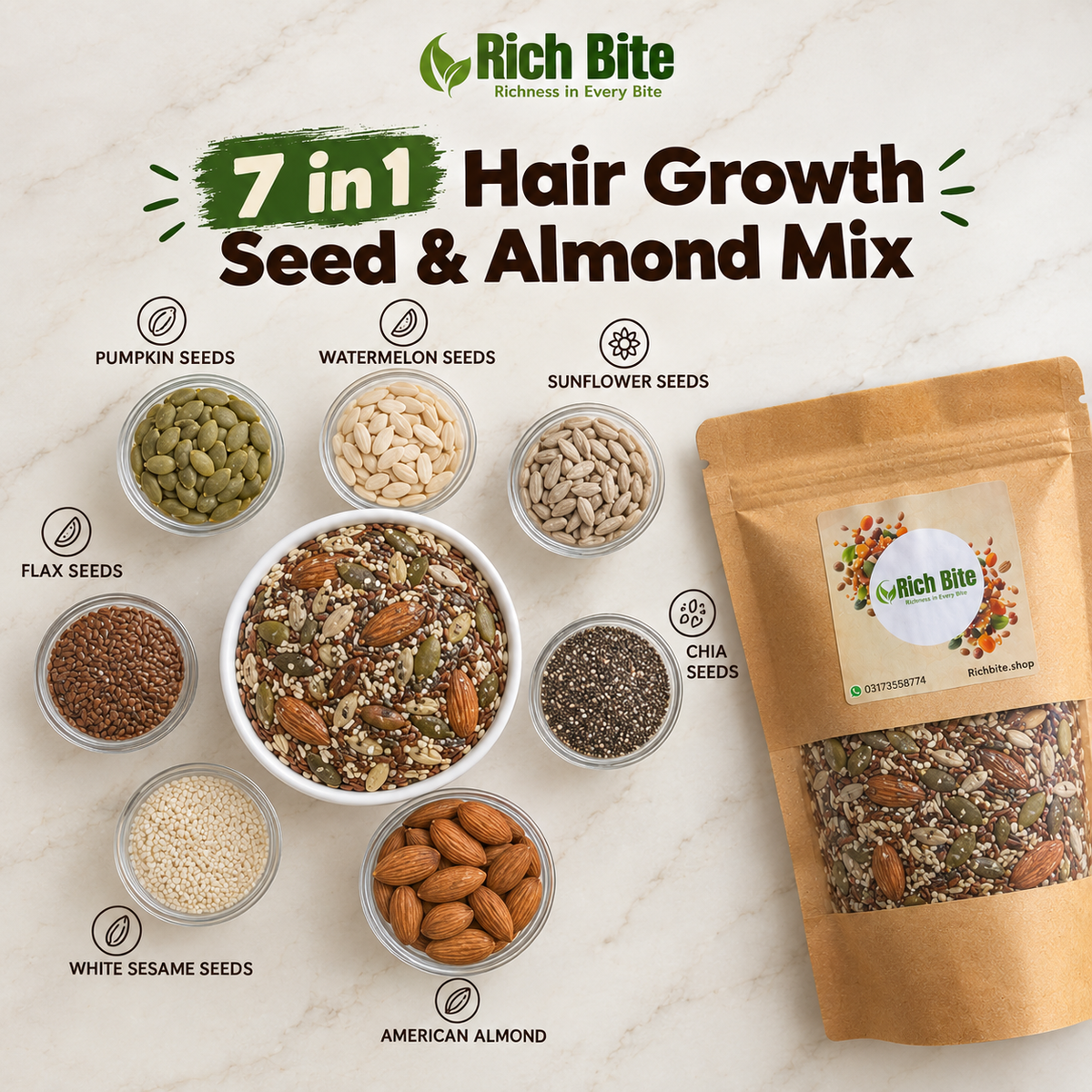 7 in 1 Hair Growth Seed & Almond Mix – 300g Biotin-Rich Nutrition for Healthy Hair